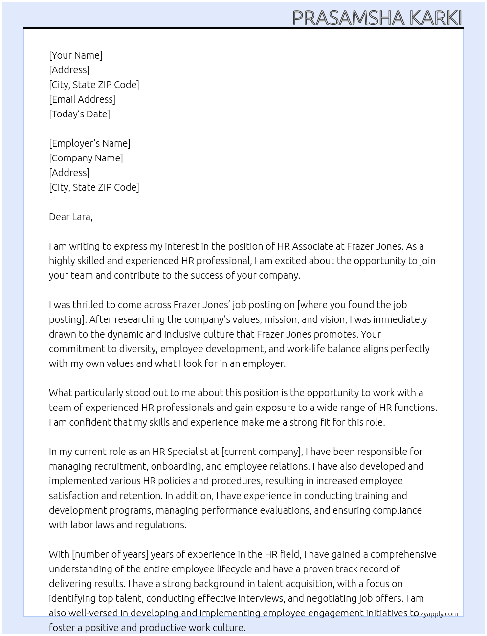 HR Associate At Frazer Jones Cover Letter