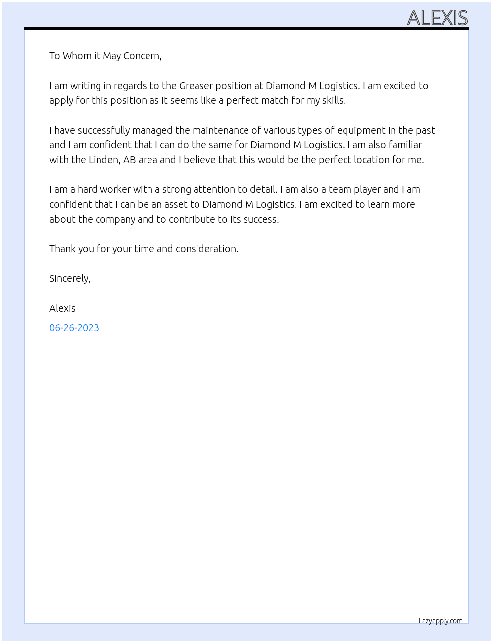 Greaser At Diamond M Logistics Cover Letter
