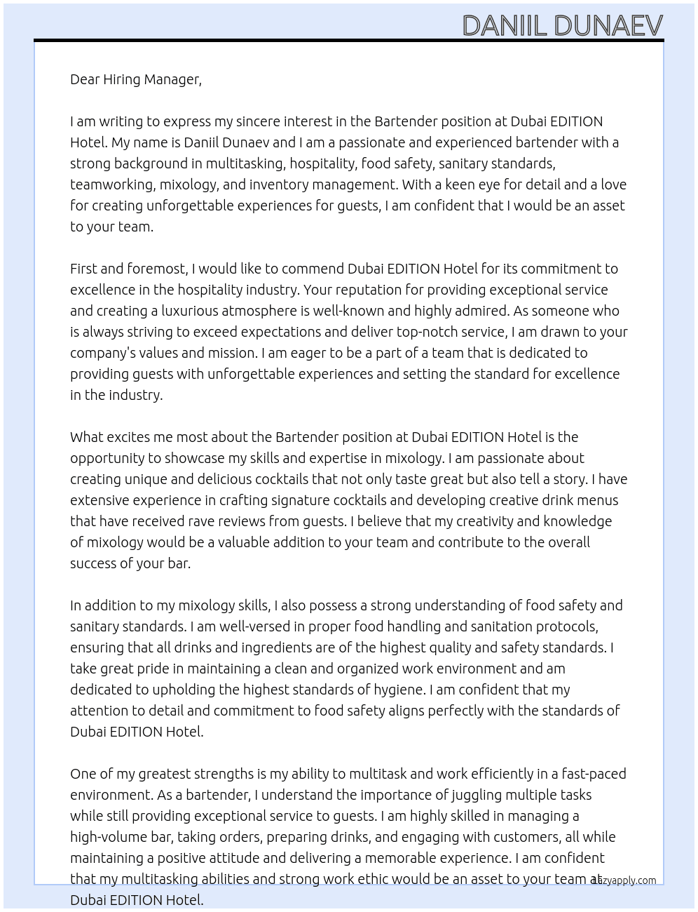 Bartender At Dubai EDITION Hotel Cover Letter