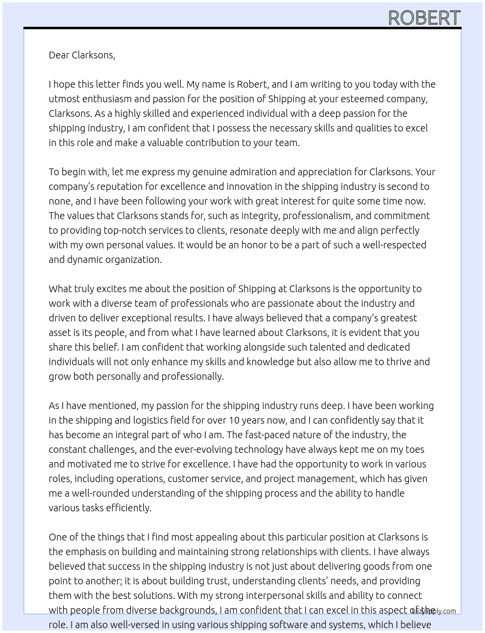 shipping At clarksons Cover Letter