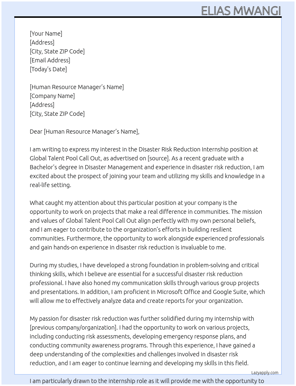 Disaster Risk Reduction Internship At Global Talent Pool Call Out Cover Letter