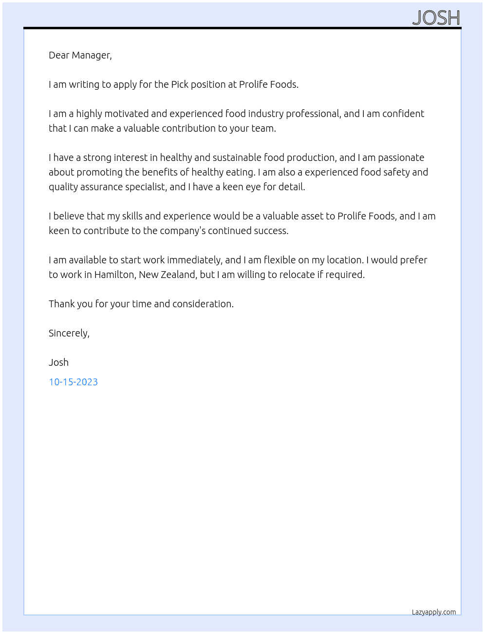 Pick At Prolife Foods  Cover Letter