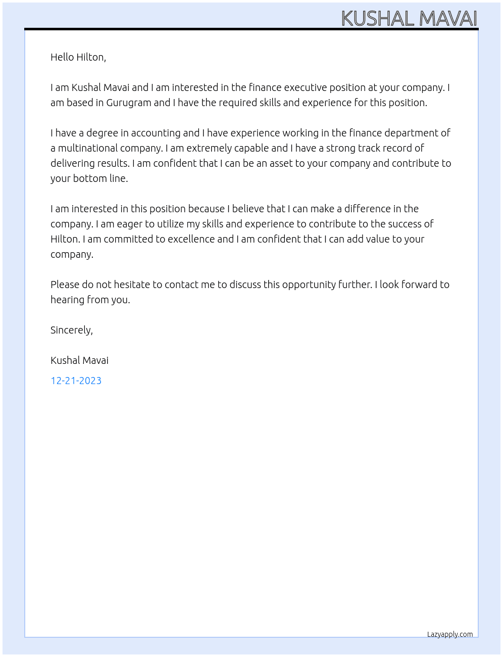 Finance Executive At Hilton Cover Letter