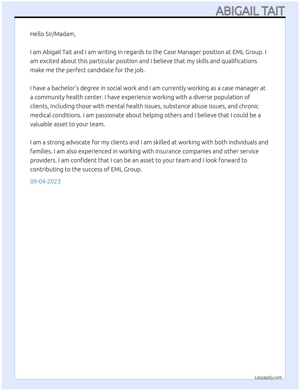 Case Manager  At EML Group  Cover Letter