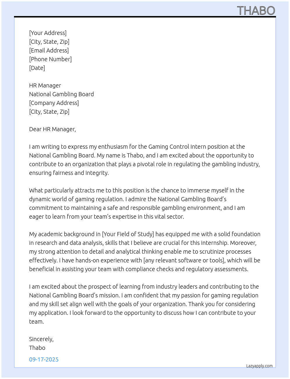 Gaming Control Intern At National Gambling Board Cover Letter