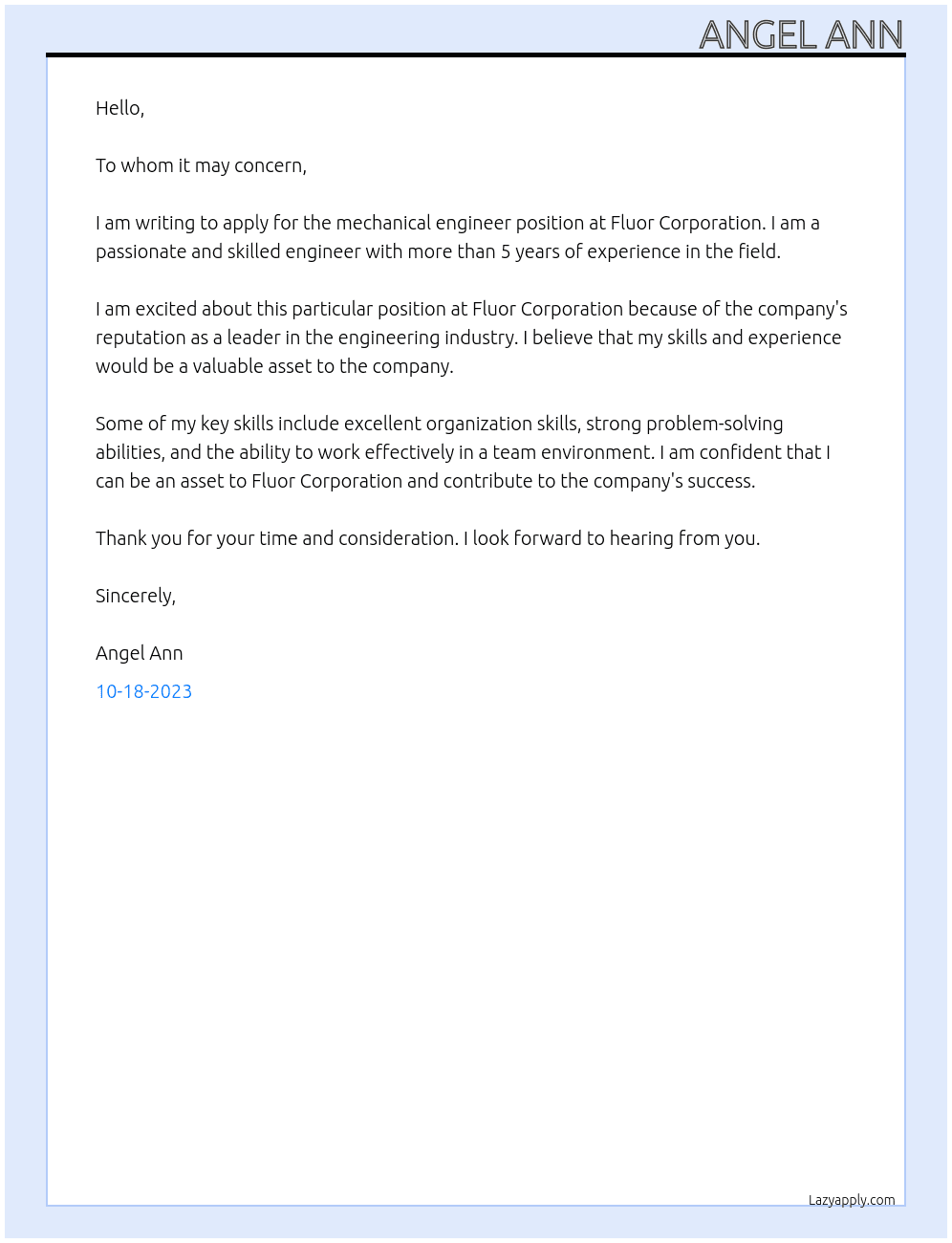 mechanical Engineer At Fluor Corporation Cover Letter