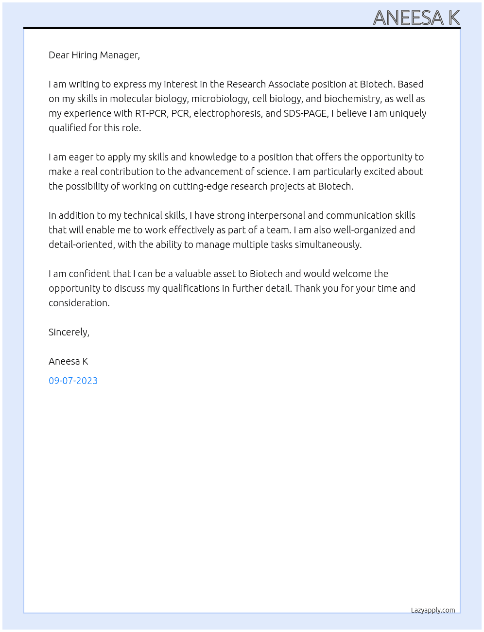 Research Associate At Biotech Cover Letter