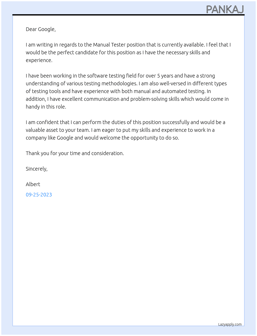 Manual tester  At Google Cover Letter
