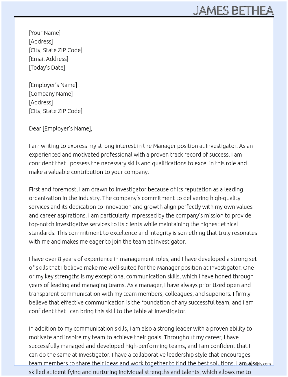 Manager At Investigator Cover Letter