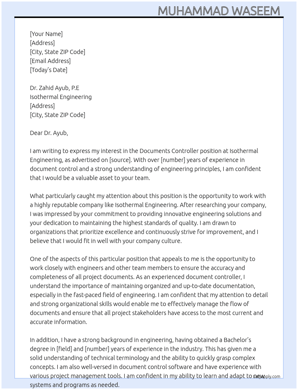 Documents controller  At Isothermal engineering  Cover Letter