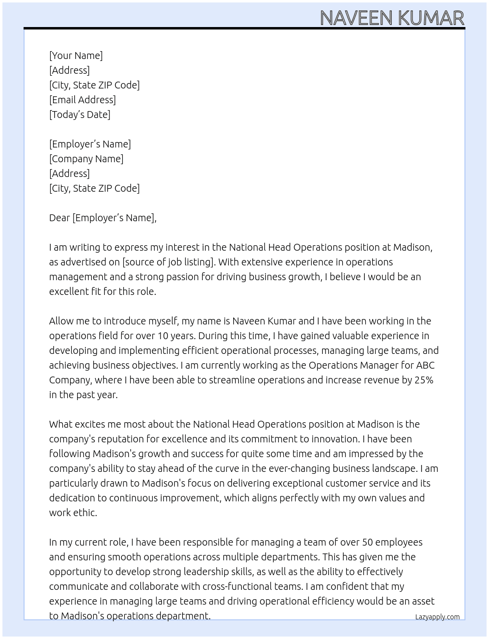 National head operations At madison Cover Letter