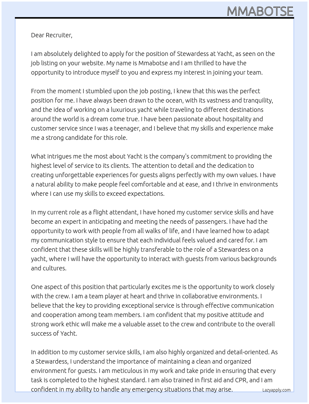 Stewardess  At Yacht  Cover Letter