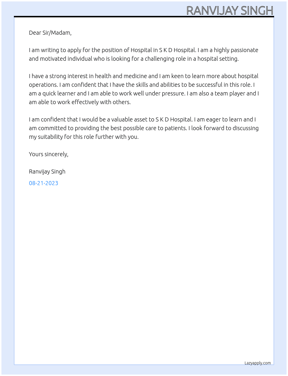 Hospital  At S K D Hospital  Cover Letter