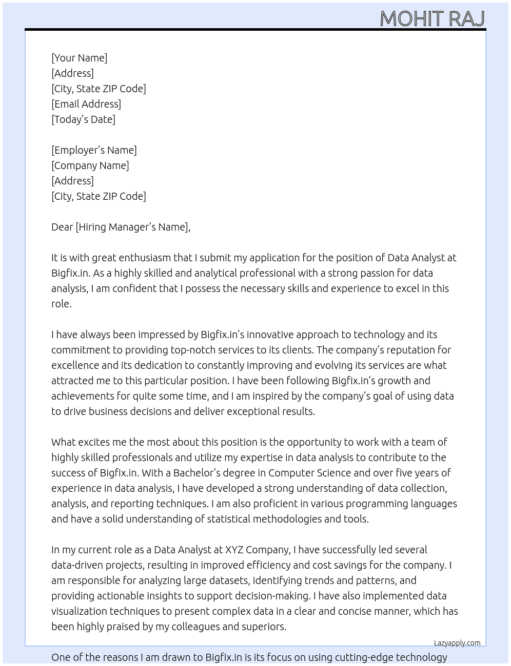 Data Analyst At Bigfix.in Cover Letter
