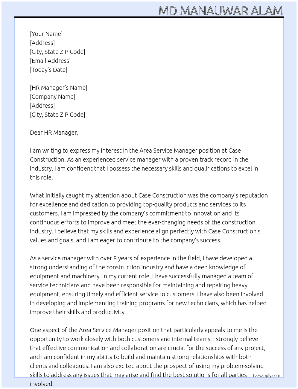 Area Service Manager At Case Construction Cover Letter