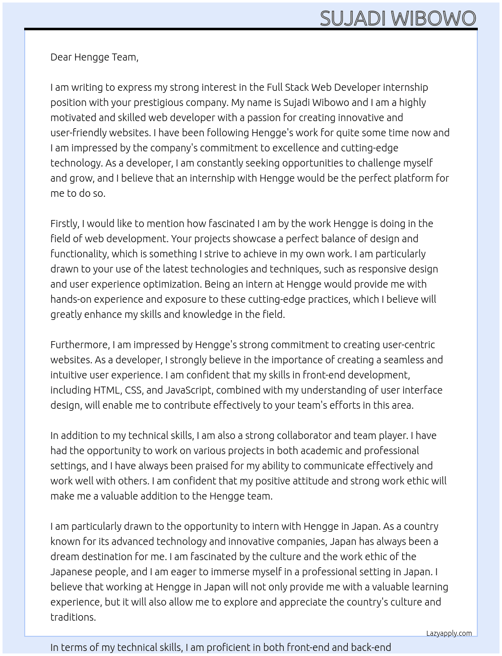 FULL STACK WEB DEVELOPER At HENGGE Cover Letter