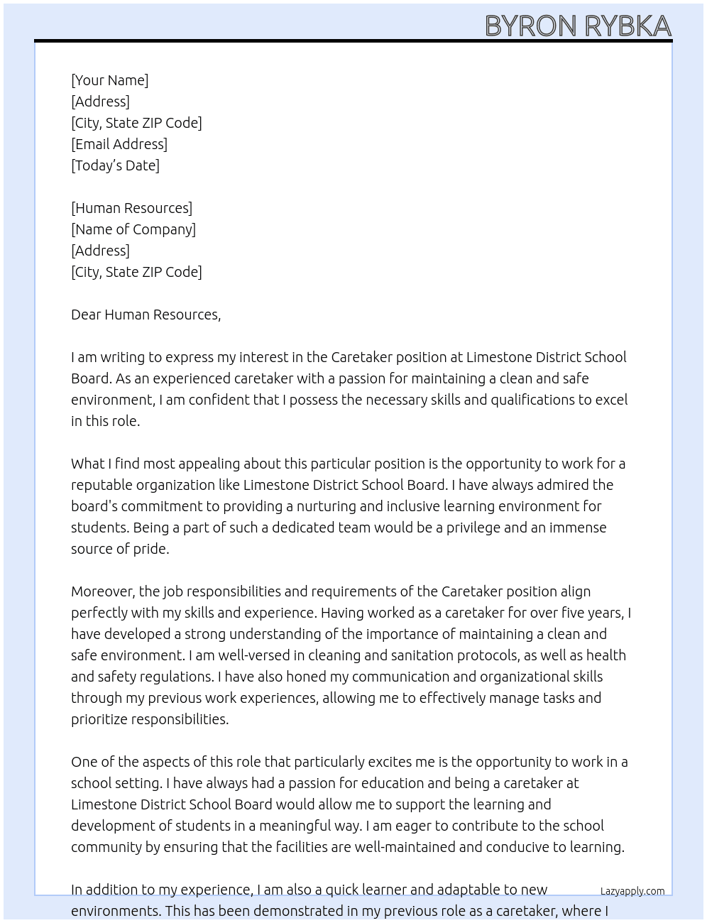Caretaker At Limestone District School Board Cover Letter