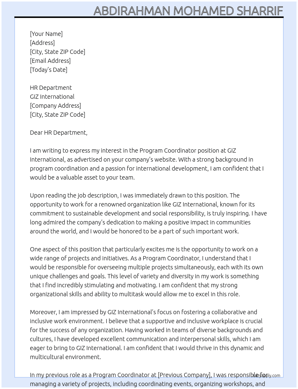 Program coordinator  At GIZ INTERNATIONAL  Cover Letter