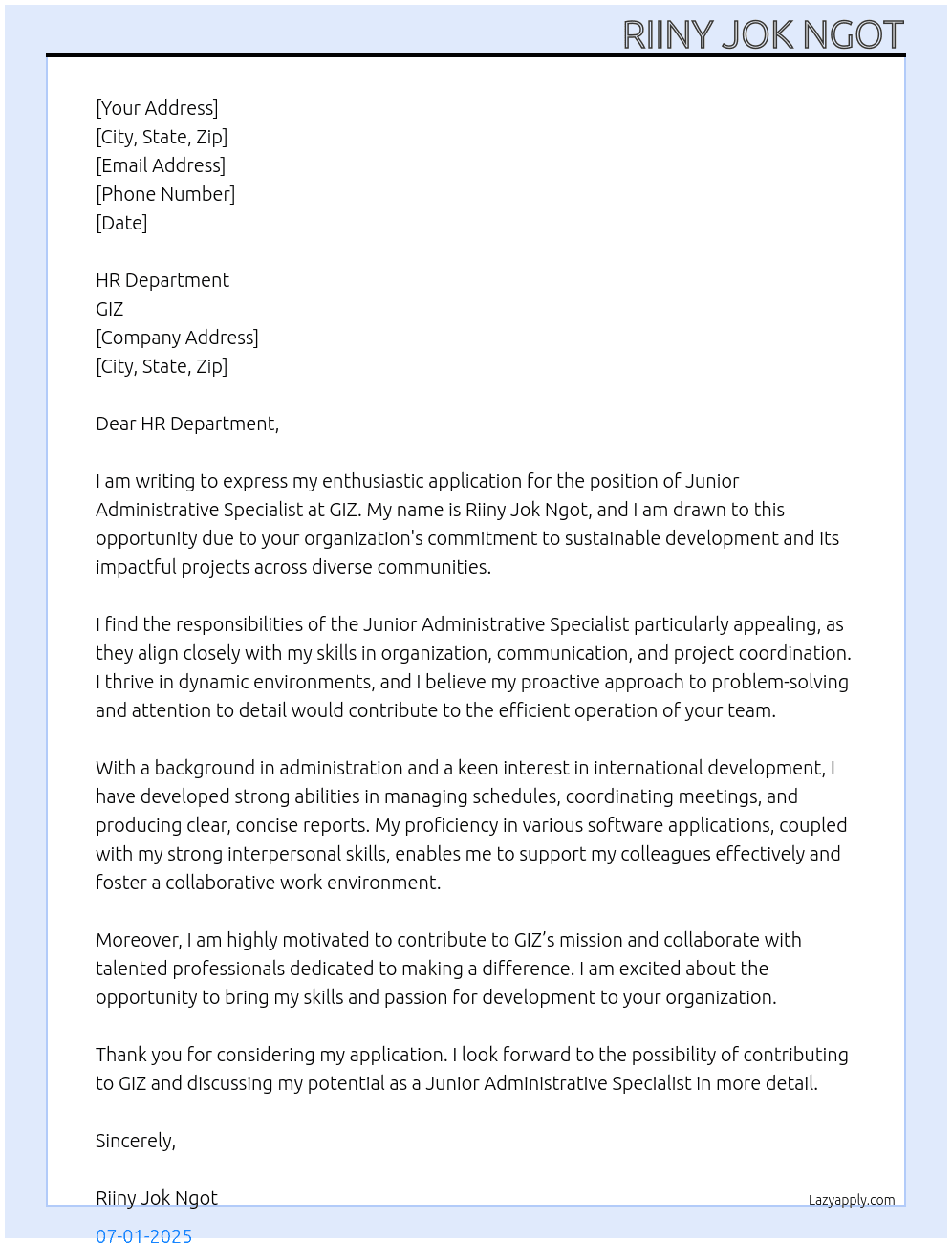 Junior Administrative Specialists At GIZ Cover Letter