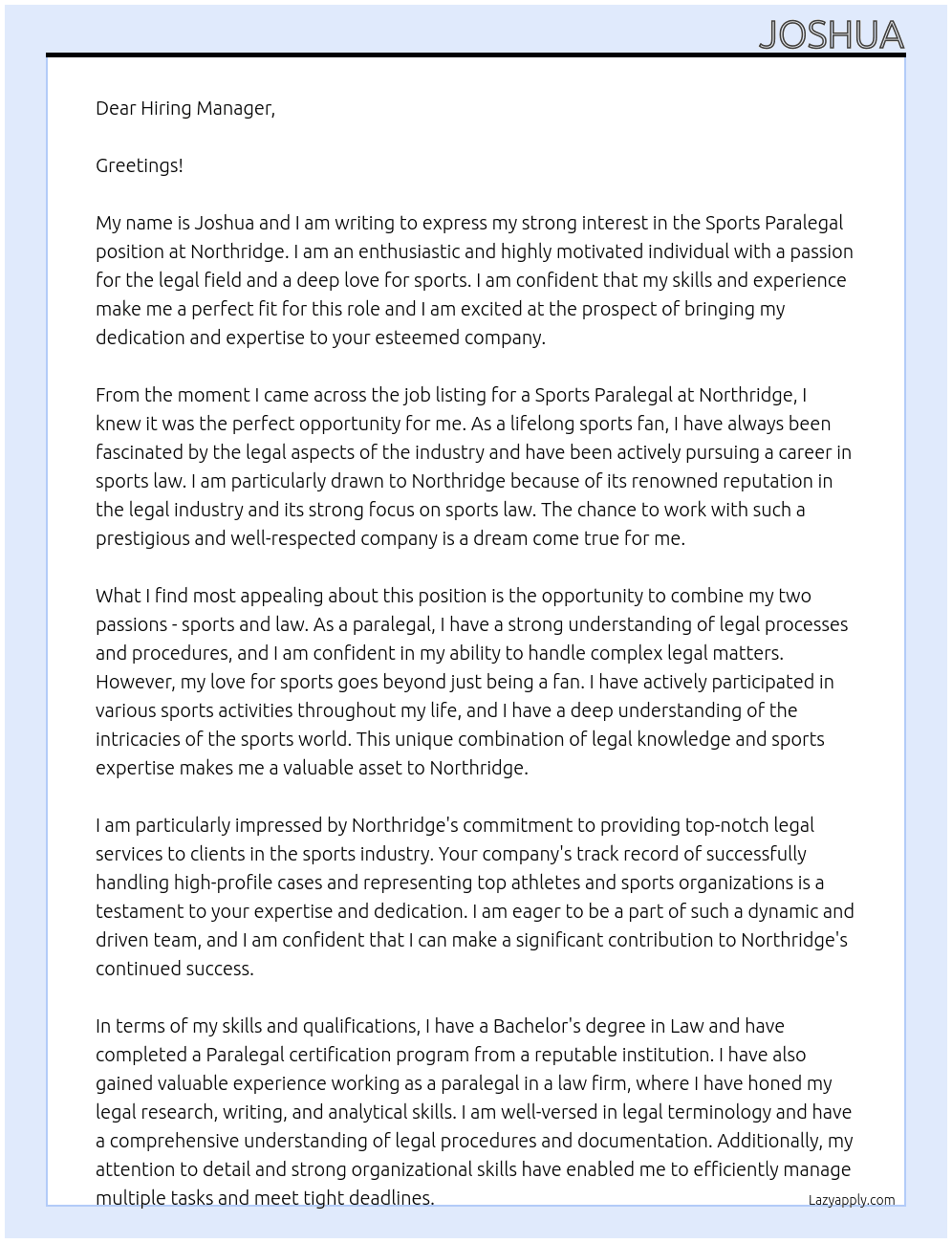 Sports paralegal  At Northridge  Cover Letter