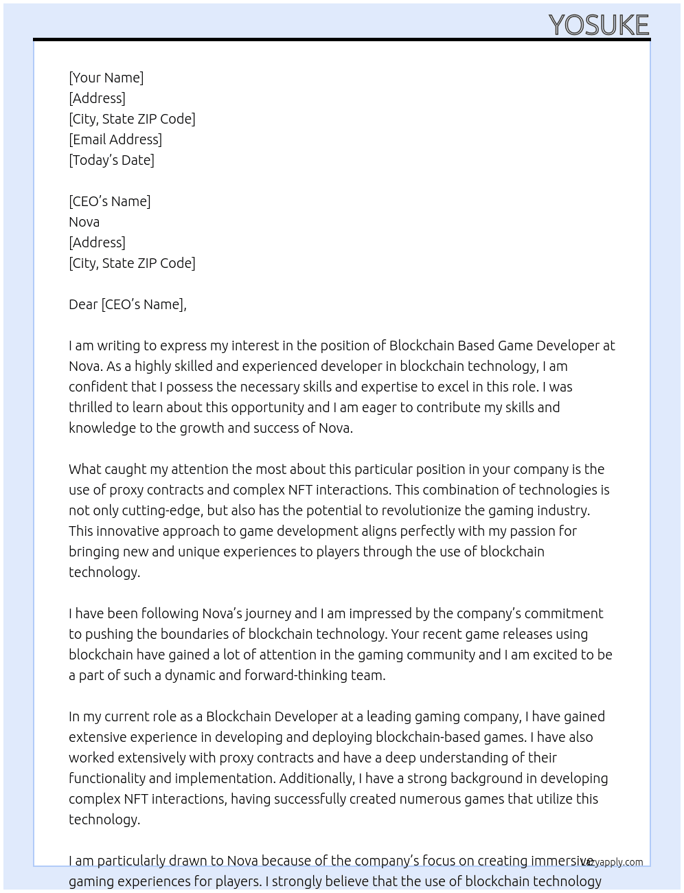 Blockchain Based Game using Proxy contracts and complex NFT interactions At Nova Cover Letter