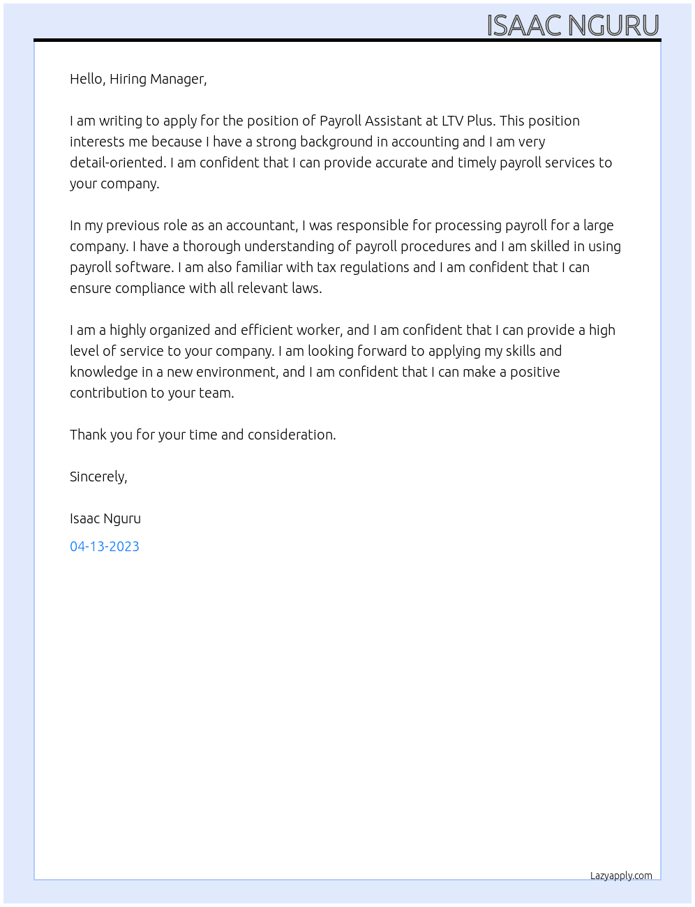 Payroll Assistant At LTV Plus Cover Letter