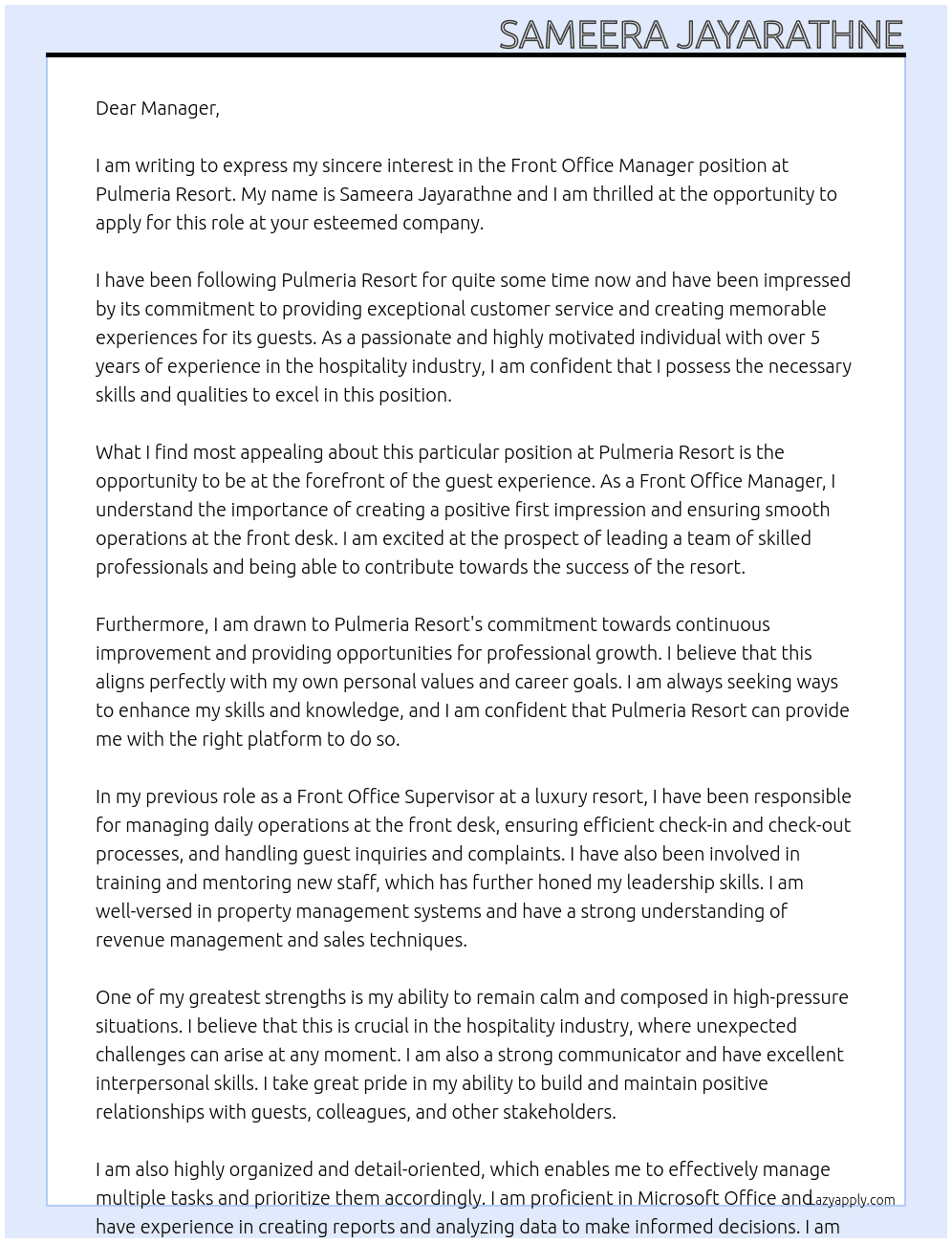 Front Office Manager At Pulmeria Resort Cover Letter