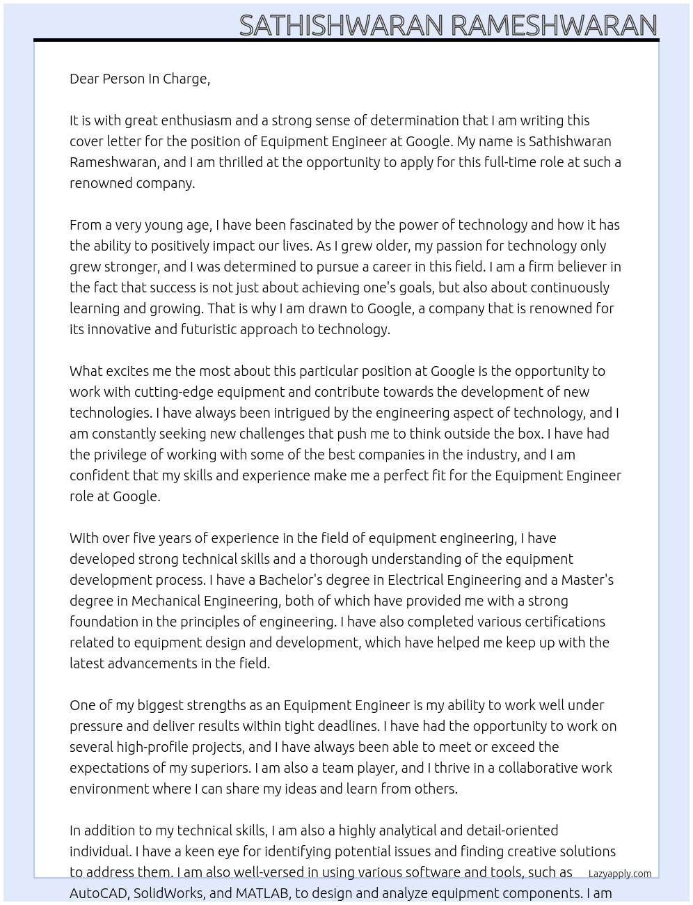 Equipment Engineer At Google Cover Letter