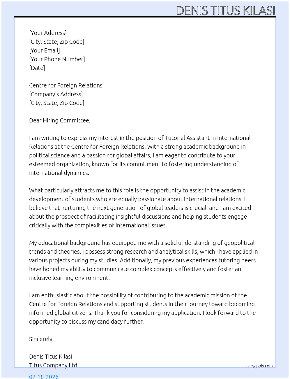 Tutorial Assistant International Relations At Titus  ompany ltd Cover Letter