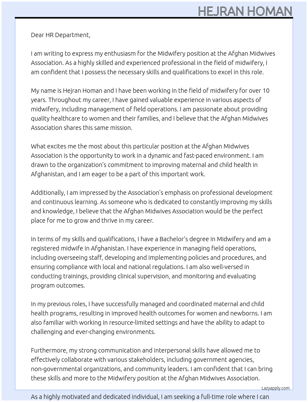 Midwifery  At Afghan Midwives Association Cover Letter