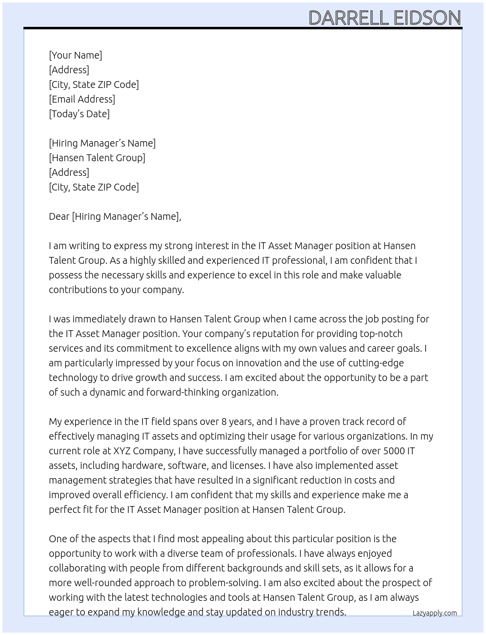 IT Asset Manager At Hansen Talent Group Cover Letter