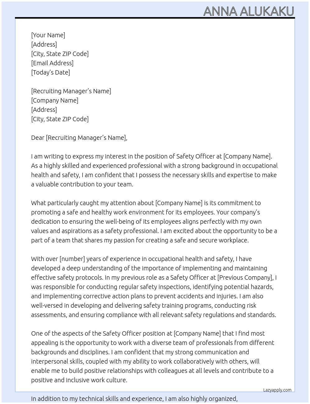 safety officer At generic Cover Letter
