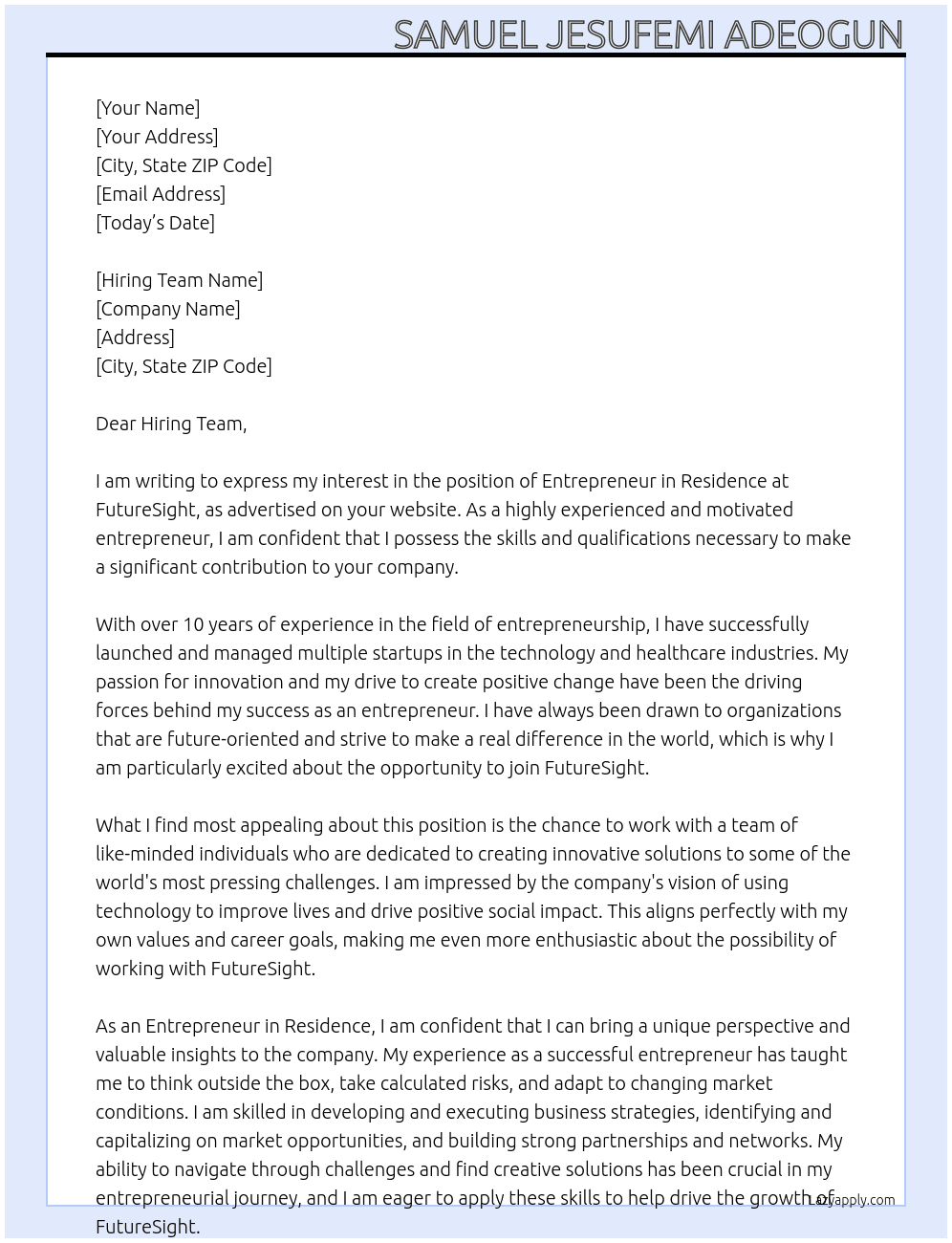 Entrepreneur in Residence At FutureSight Cover Letter
