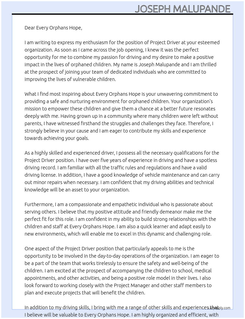 Project Driver  At Every orphans hope  Cover Letter