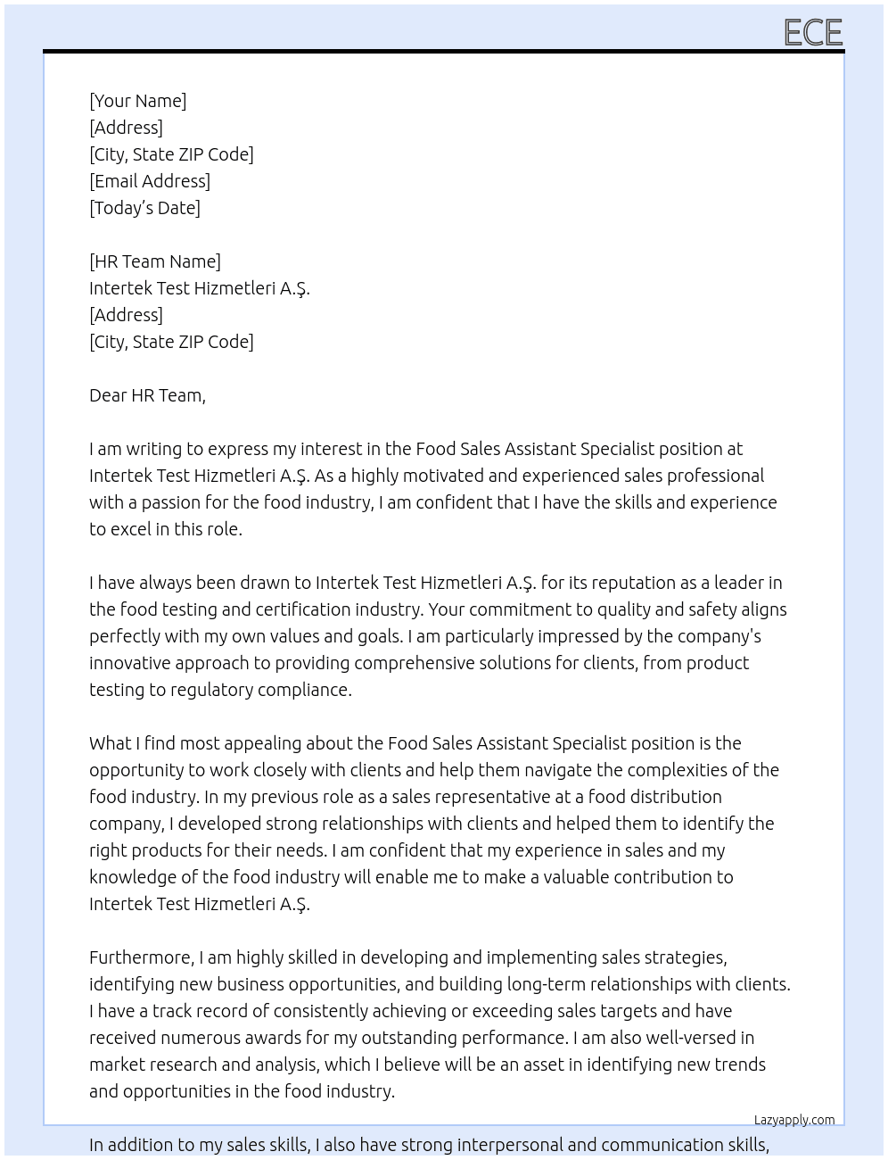 Food Sales Assistant Specialist At Intertek Test Hizmetleri A.Ş. Cover Letter
