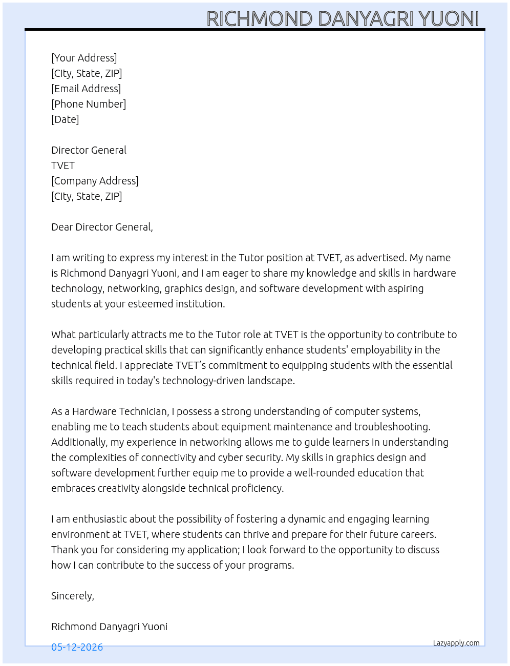 Cover letter for tutor - LazyApply