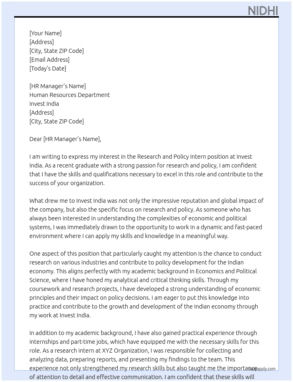 Research and Policy Intern At Invest India Cover Letter
