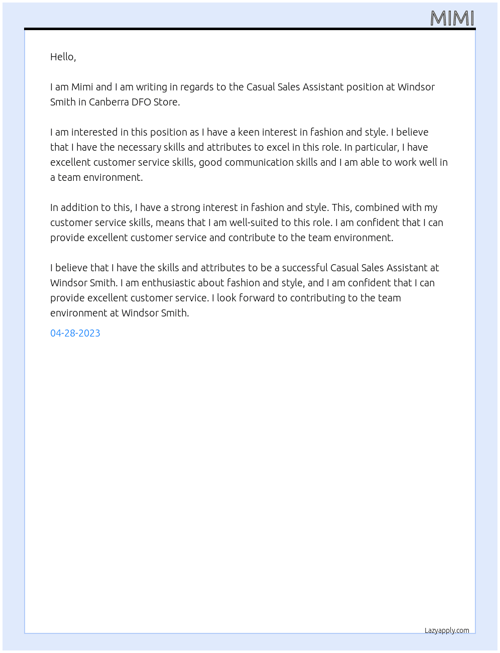 Casual Sales Assistant At Windsor Smith Cover Letter