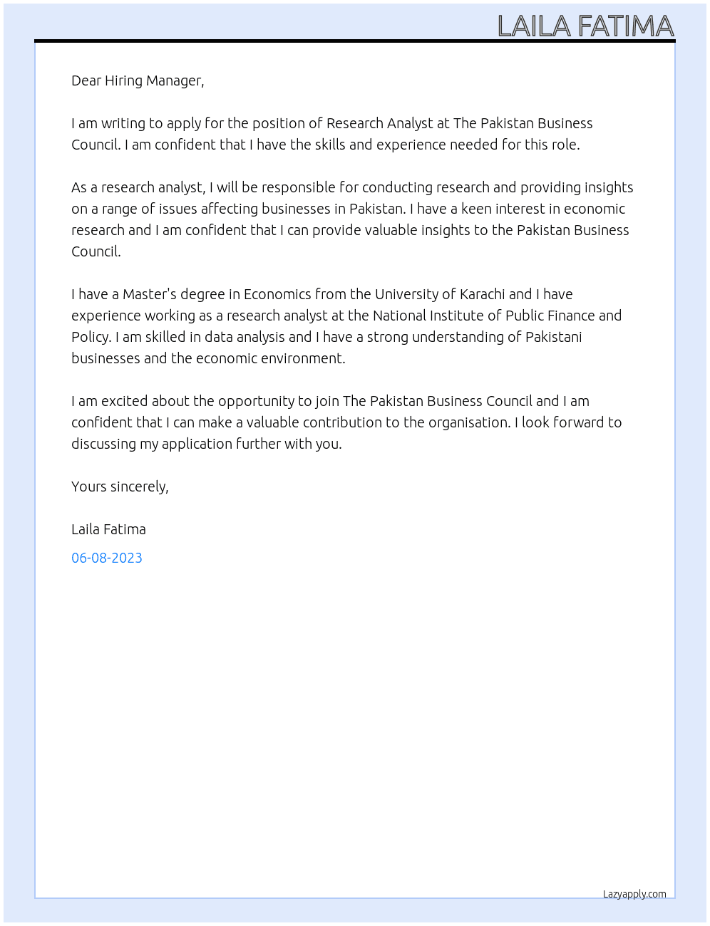 Research Analyst At The Pakistan Business Council Cover Letter