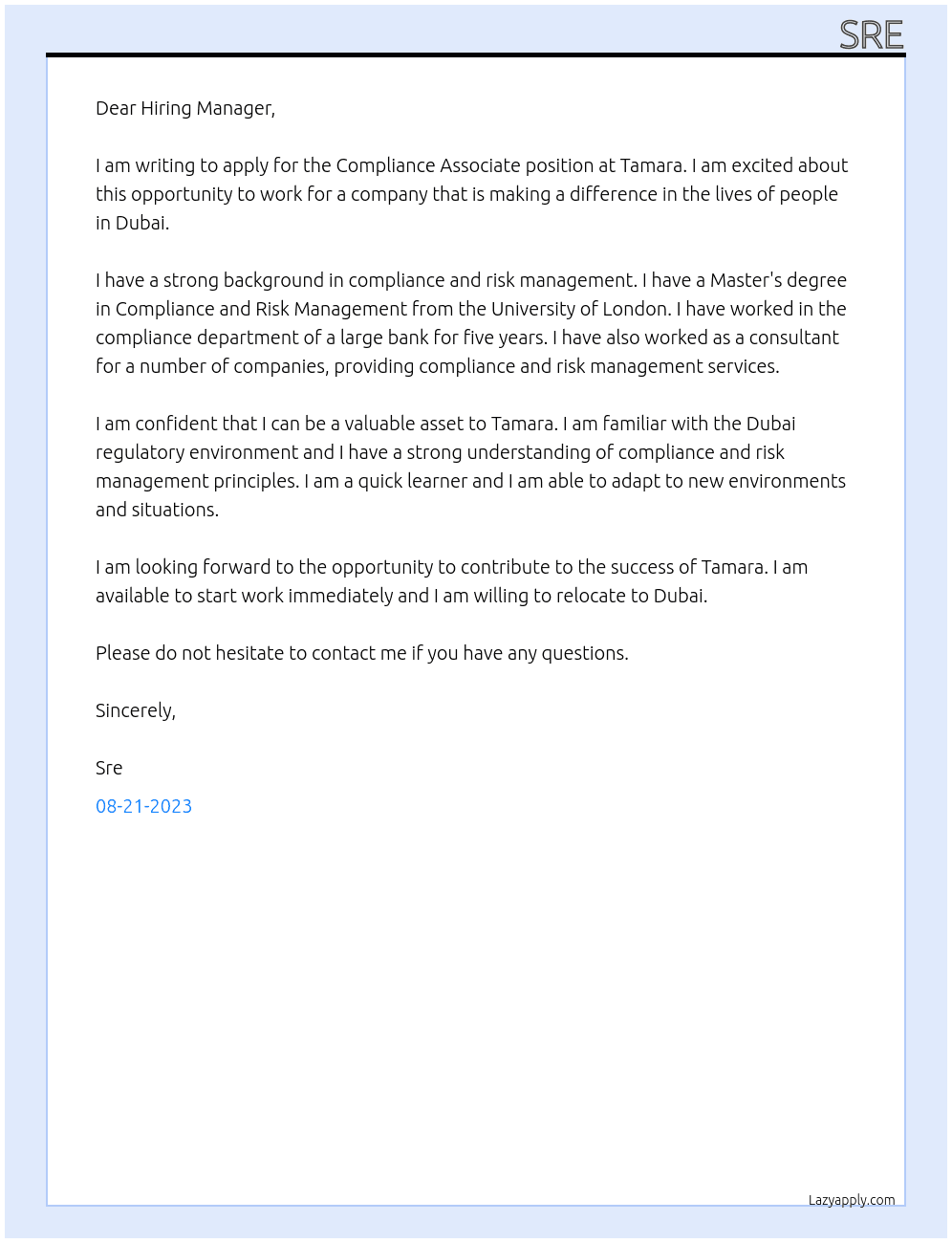 Compliance Associate At Tamara · Dubai, Dubai, United Arab Emirates Cover Letter