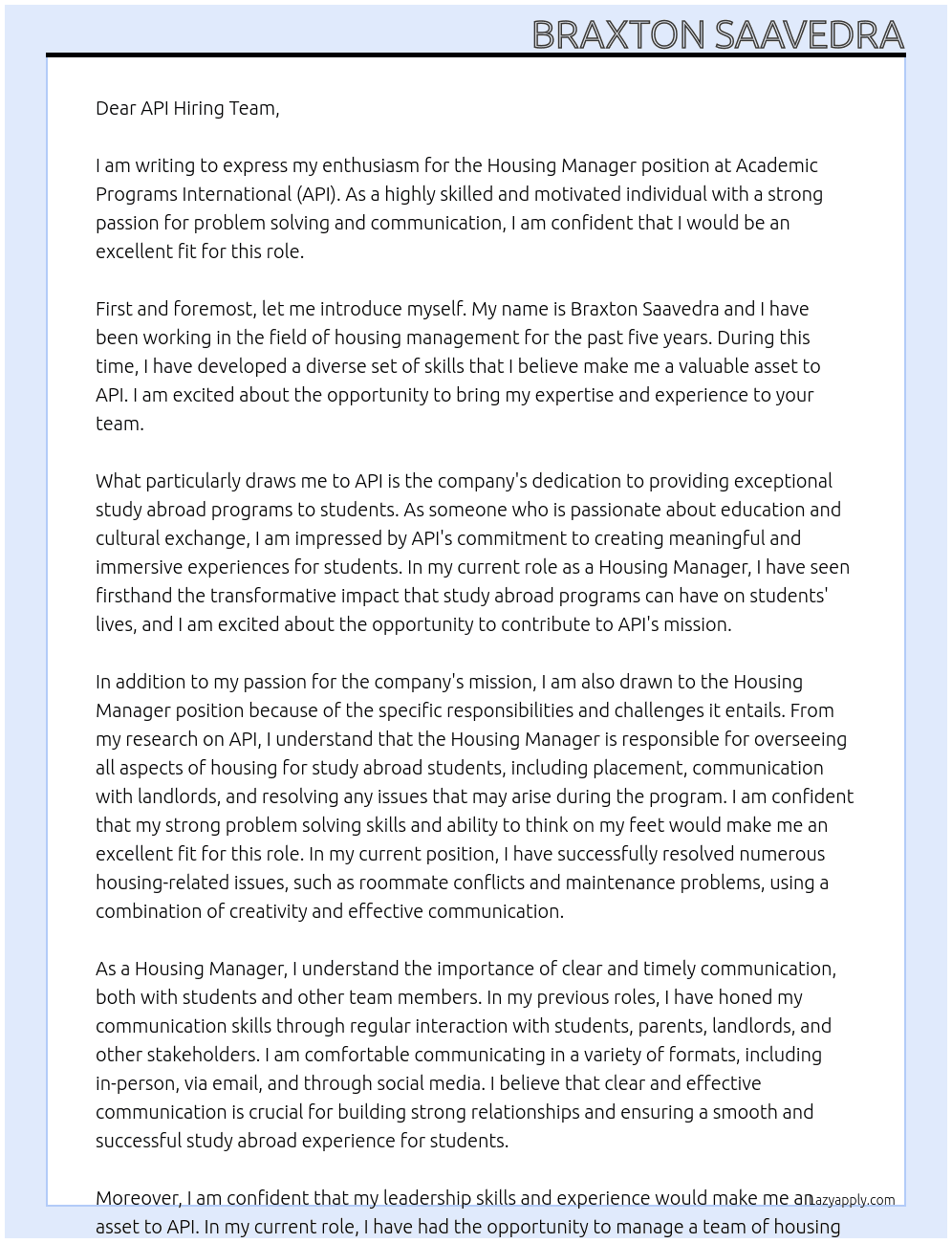 Housing Manager  At Academic Programs International- API Cover Letter