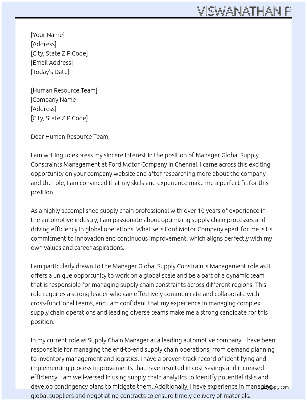 Manager Global Supply Constraints Management At Ford Motor Company, Chennai Cover Letter