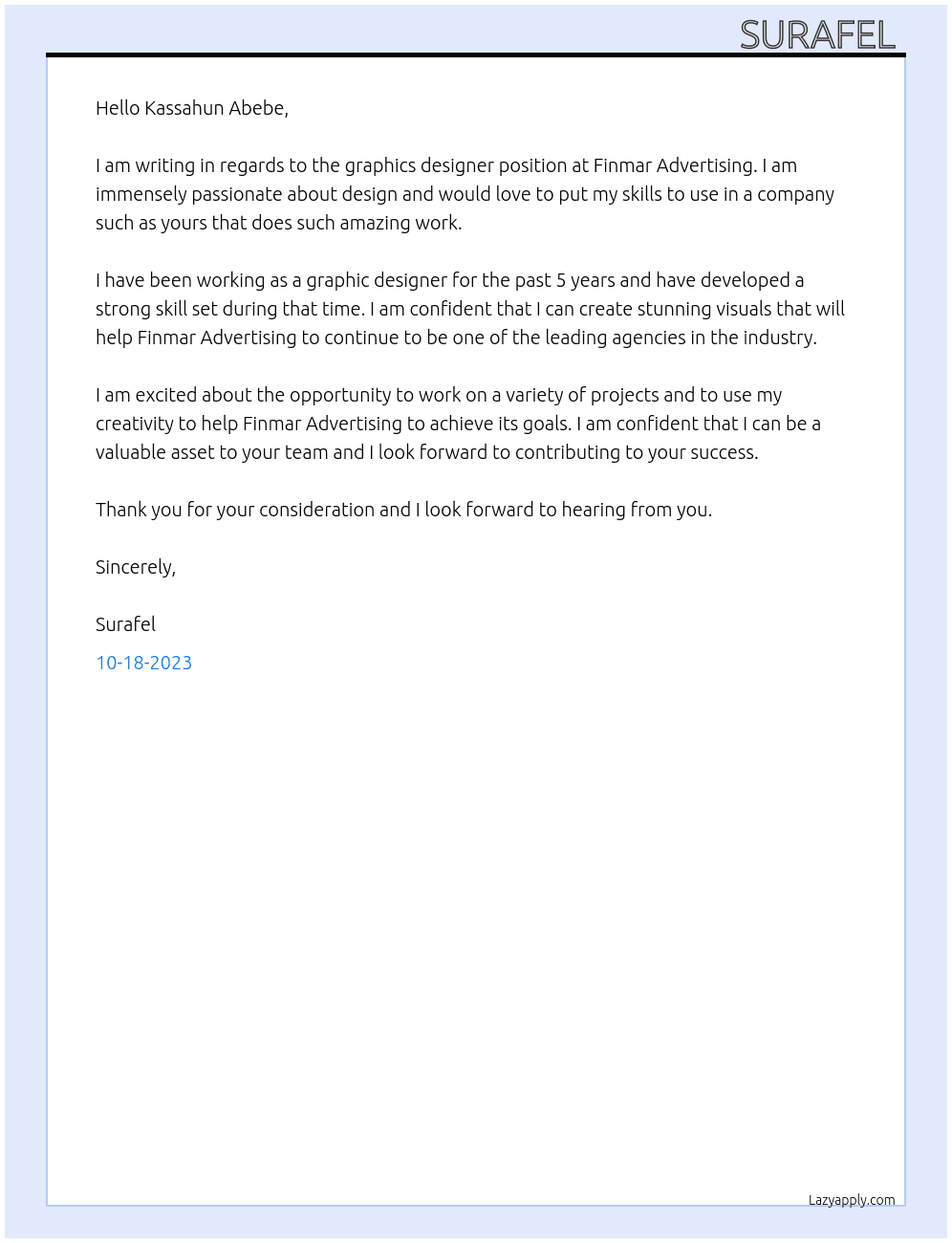 Graphics designer At finmar advertising Cover Letter