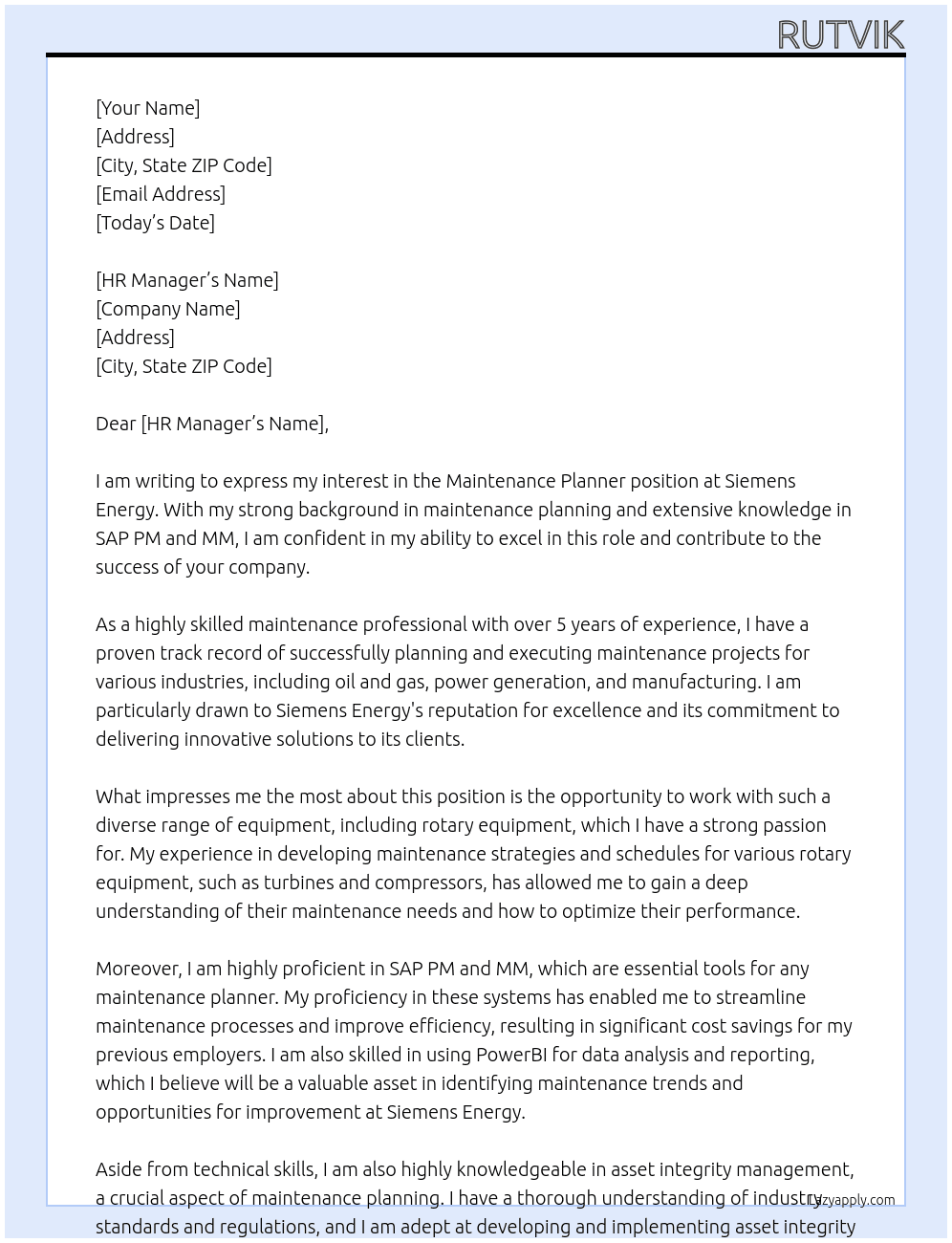 Maintenance Planner At Siemens Energy Cover Letter