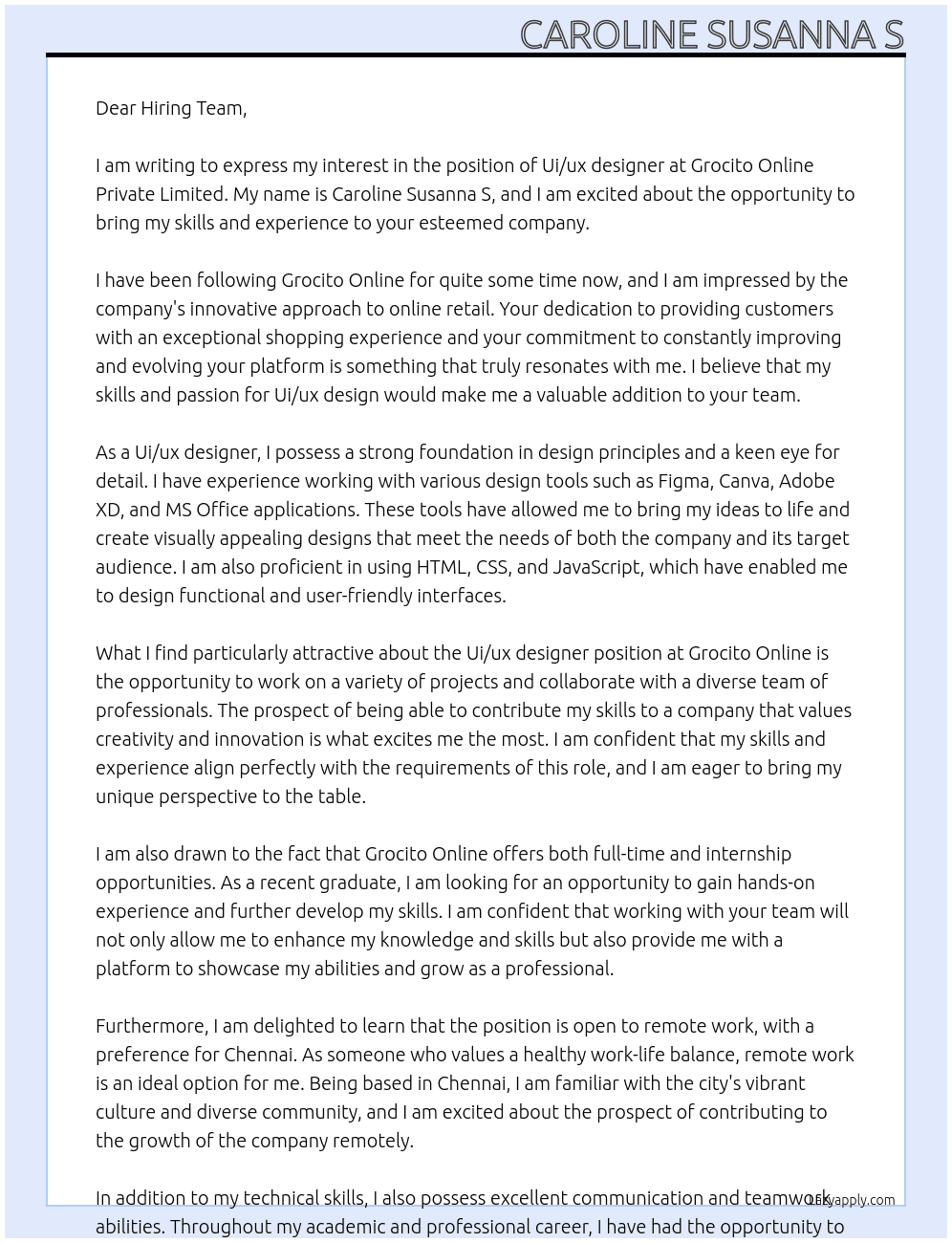 Ui/ux designer At Grocito Online Private Limited Cover Letter