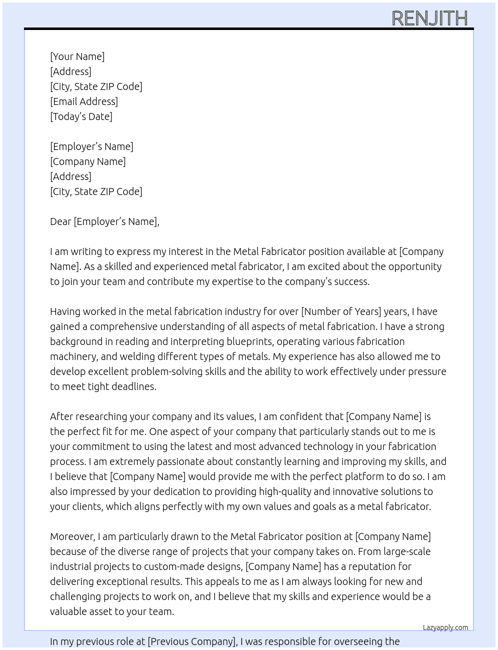 Metal Fabricator At a Cover Letter