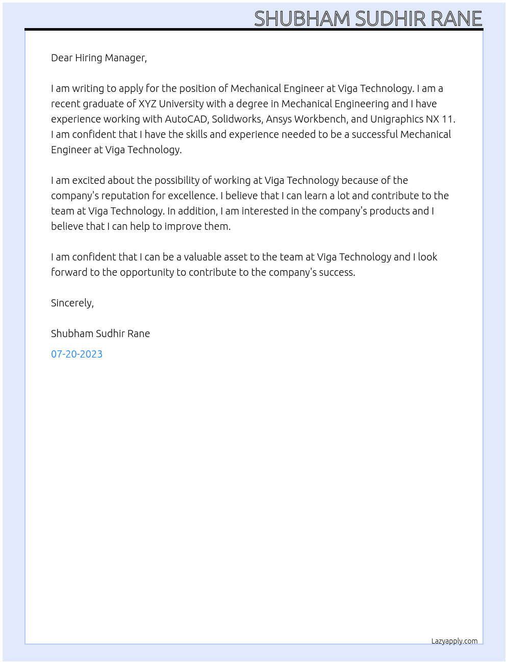 Mechanical  Engineer At Viga Technology Cover Letter
