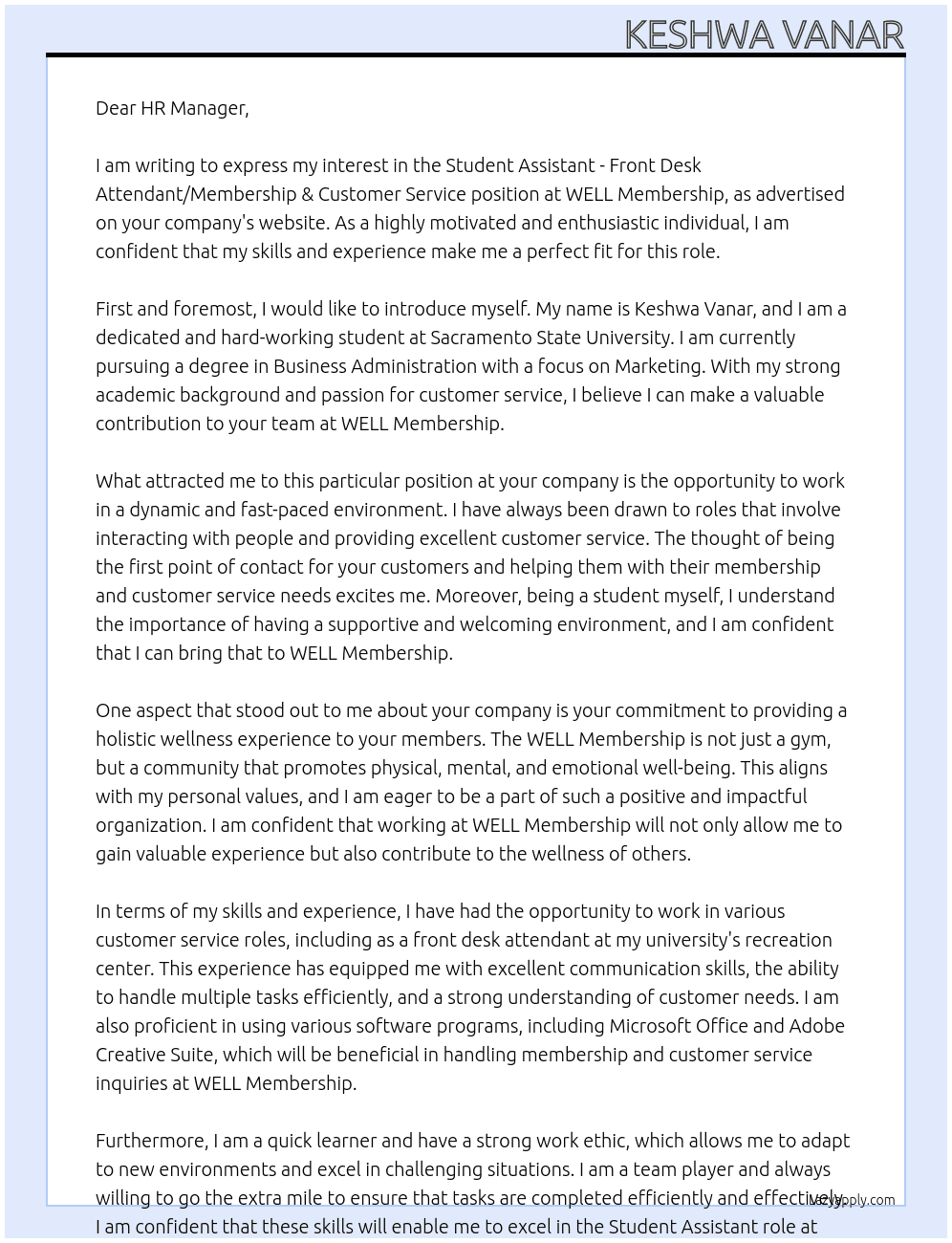 Student Assistant - Front Desk Attendant/Membership & Customer Service (Sac State Students Only), SACRAMENTO At WELL Membership Cover Letter