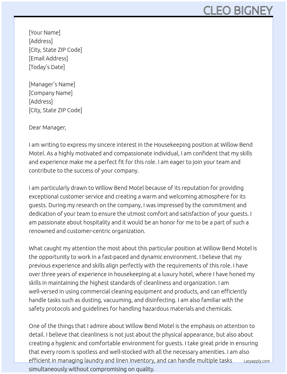 Housekeeping At Willow Bend Motel Cover Letter