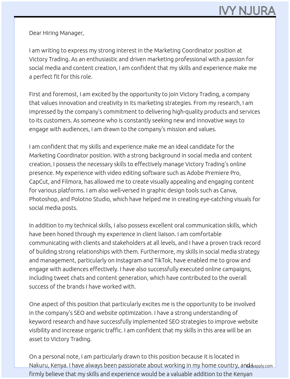 Marketing coordinator At Victory Trading Cover Letter